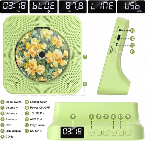 Miniatura 39 de Gueray Reproductor de CD portátil, reproductor de CD Kpop Bluetooth para escritorio con altavoz de sonido de alta fidelidad, radio FM, reproductor