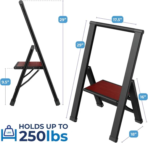 Miniatura 2 de Escalera plegable de 1 escalón, decorativa, hermosa caoba y aluminio negro, perfil ultra delgado, peldaños antideslizantes, resistente y portátil