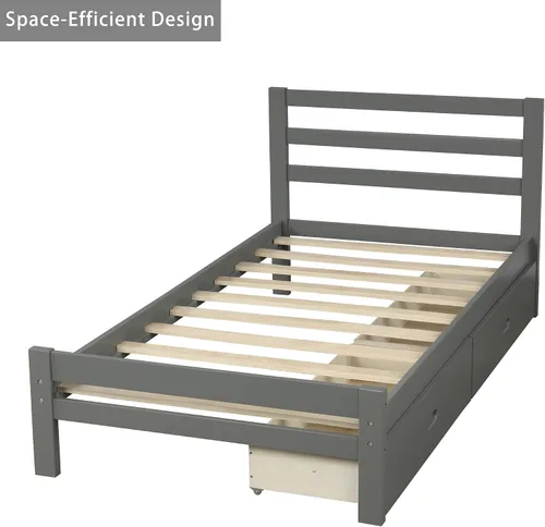 Miniatura 3 de Cama de plataforma de madera de tamaño individual con 2 cajones, marco de cama de plataforma moderna con cajón de almacenamiento, muebles
