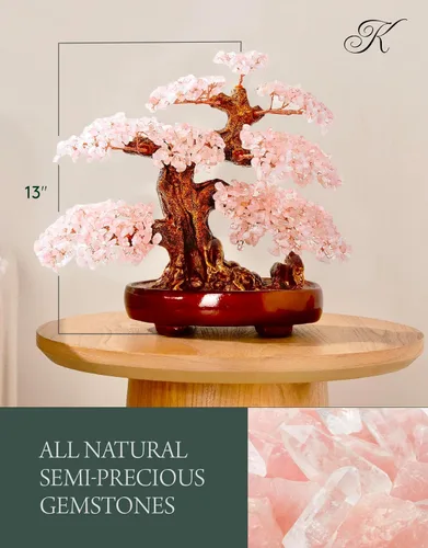 Miniatura 3 de KALIFANO Árbol de cristal de chakra de cuarzo rosa natural (1,251 piedras preciosas) con propiedades curativas – Bonsái Feng Shui árbol de dinero
