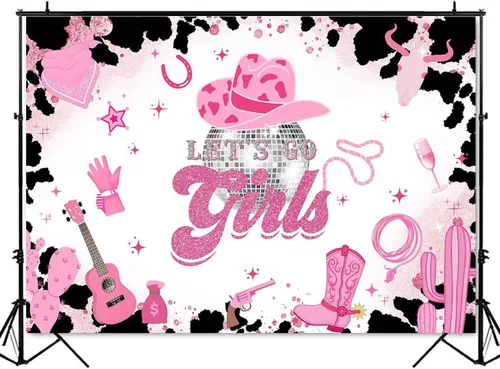 Miniatura 4 de Mocsicka Telón de fondo de discoteca de vaquera con texto en inglés «Let's Go Girls» (rosa, 8 x 6 pies (96 x 72 pulgadas)