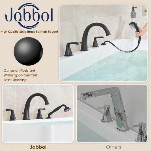 Miniatura 7 de Grifo de bañera romana de alto flujo con ducha de mano, grifo de bañera de montaje en cubierta mate negro de 4 agujeros con válvula, grifos