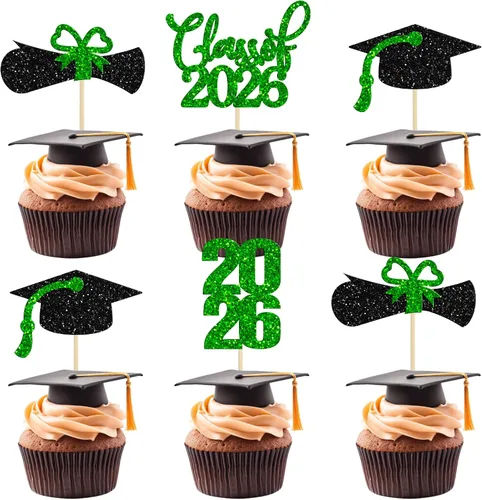 Miniatura 29 de 24 piezas 2026 decoraciones para cupcakes de graduación 2026 con purpurina clase de 2026 para graduación de graduación para felicitaciones 2026