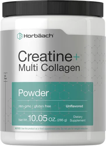 Horbäach Monohidrato de creatina en polvo, con colágeno y L-taurina, 10.05 onzas, sin sabor, para mujeres y hombres, sin OMG, sin gluten