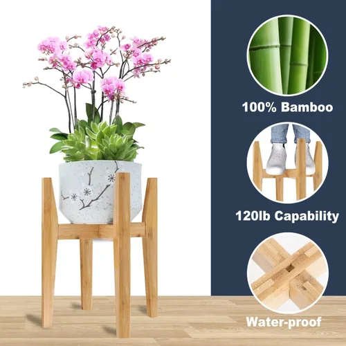 Miniatura 2 de OERGKE Soporte ajustable para plantas de interior, soportes de bambú modernos de mediados de siglo, soporte de flores de esquina para sala de estar