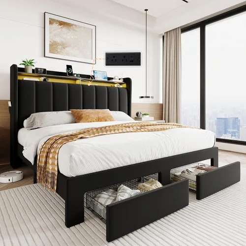 Miniatura 12 de SHA CERLIN Base de cama de plataforma de tamaño matrimonial con cabecera de canal vertical copetuda y 2 cajones de almacenamiento, estantes de 2