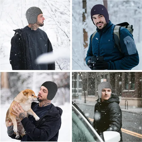 Miniatura 7 de Muryobao Gorro de invierno para hombre, con puños y orejeras, tejido elástico, gorro de punto para esquí