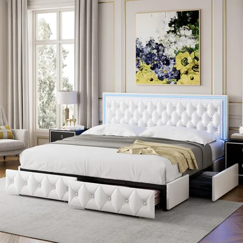 Miniatura 10 de Keyluv Marco de Cama Tapizada con LED Tamaño King con 4 Cajones, Cama de Plataforma de Terciopelo con Almacenamiento con Cabecero Capitoné de Beige