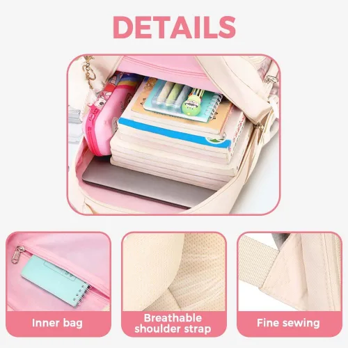 Miniatura 5 de Linda mochila universitaria para laptop para mujer, bolsa de computadora estética de gran capacidad, mochila kawaii rosa con colgante (beige)