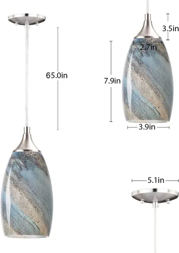 Miniatura 7 de COOSA Lámpara colgante de 1 luz, lámpara colgante de vidrio artística hecha a mano para isla de cocina, acabado de níquel cepillado con accesorio