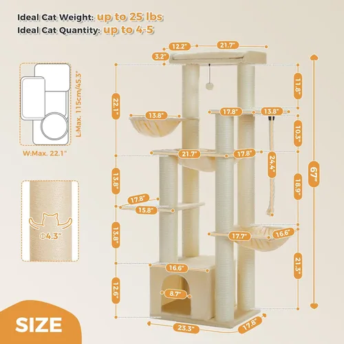Miniatura 3 de Árbol para gatos resistente de 67 pulgadas para gatos grandes adultos de interior, torre XXL para gatos con 13 postes rascadores gruesos (φ4.3)
