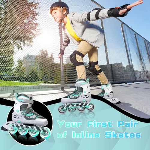 Miniatura 7 de Patines en línea ajustables para niños y adultos, patines al aire libre para principiantes con todas las ruedas iluminadas para niñas, niños, gris