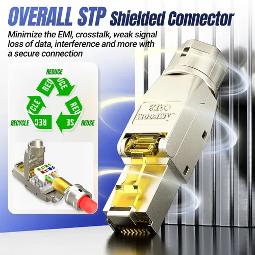 Miniatura 5 de AMPCOM STP CAT8 RJ45 Conector de aleación de zinc sin herramientas Ethernet Terminación de campo Enchufe modular -6