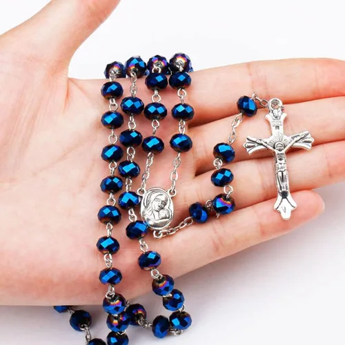Miniatura 5 de Collar católico de rosario de cuentas de cristal azul profundo, oración católica Jerusalén Medalla del suelo sagrado cruz tierra santa antigua