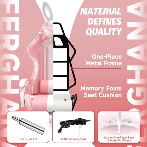 Miniatura 8 de Ferghana Kawaii Bunny Ears - Silla de juegos con reposapiés y masaje, silla ergonómica de cuero para juegos de computadora para niñas, adultos, Rosa