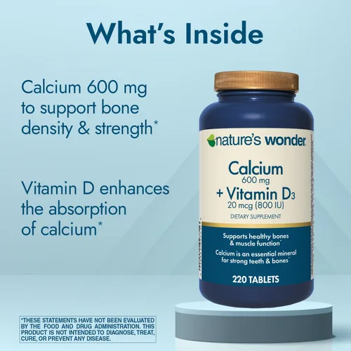 Miniatura 3 de Nature's Wonder Calcio 600 mg con vitamina D3 20 mcg para la salud ósea, 220 tabletas