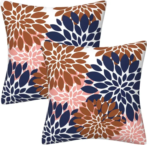 Miniatura 29 de Juego de 2 fundas de almohada decorativas de dalia azul marino, rojo, gris, dalia floral, para interiores y exteriores, funda de almohada