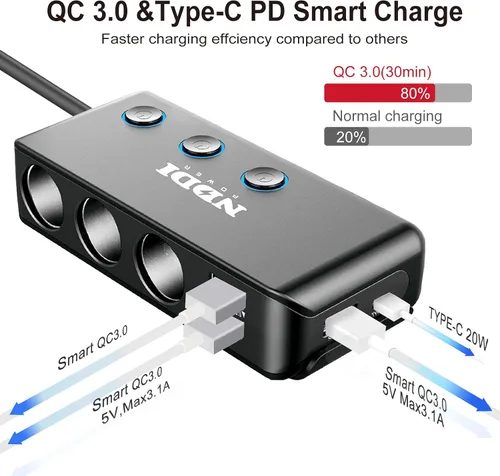 Miniatura 4 de Divisor de Encendedor de Cigarrillos, Adaptador de Coche NDDI POWER 12V/24V de 3 Enchufes con 20W PD3.0 USB-C y Tres Puertos USB QC3.0, Encendedor