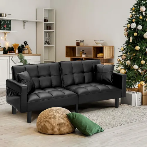 Miniatura 8 de AVAWING Sofá cama tipo futón, moderno tapizado de cuero con respaldo ajustable, brazos y patas de nailon de alta resistencia para sala de estar