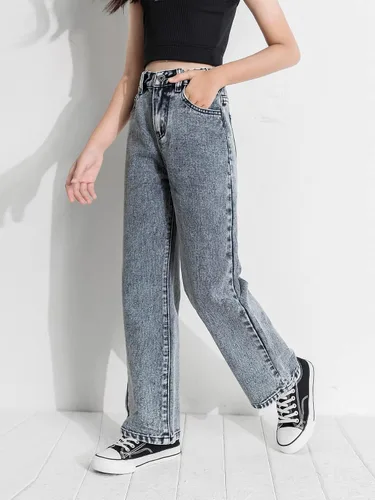 Miniatura 4 de Romwe Pantalones de mezclilla vintage de cintura alta y pierna recta para niña