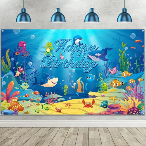 Fondo de fiesta de cumpleaños bajo el mar, decoración de fiesta temática oceánica, fondo de fotos subacuáticas con delfín, tiburón, animales marinos