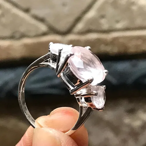Miniatura 3 de Anillo de boda de plata esterlina 925 de cuarzo rosa rosa natural de 2.5 quilates, tamaño 5, 6, 7, 8, 9