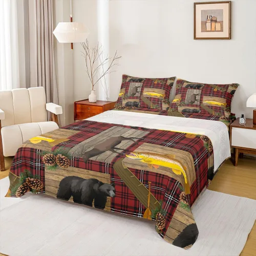 Miniatura 25 de Rustic Lodge - Juego de sábanas tamaño individual con diseño de oso y alce, diseño de retazos, color rojo y negro, a cuadros, ropa de cama de Multi