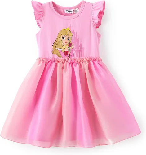 Miniatura 9 de Disney Frozen Elsa Princesa Cenicienta Ariel Jazmín Rapunzel Vestido para bebé/niña, Vestido de manga larga con volantes y superposición de malla