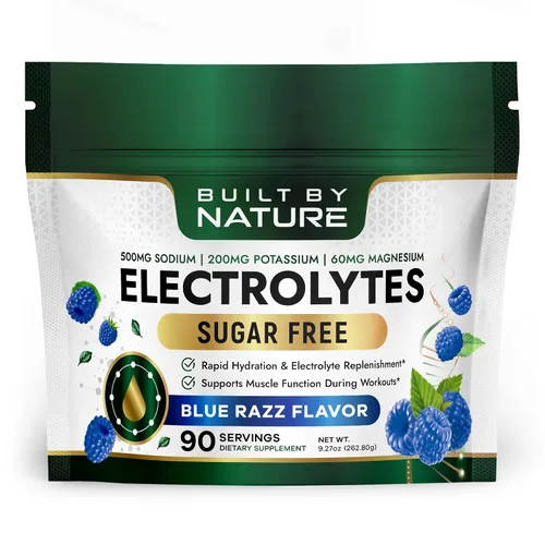 Built By Nature - Electrolitos en polvo, sabor Blue Razz, 90 porciones | Mezcla de bebidas de hidratación y electrolitos, sin azúcar, energía y