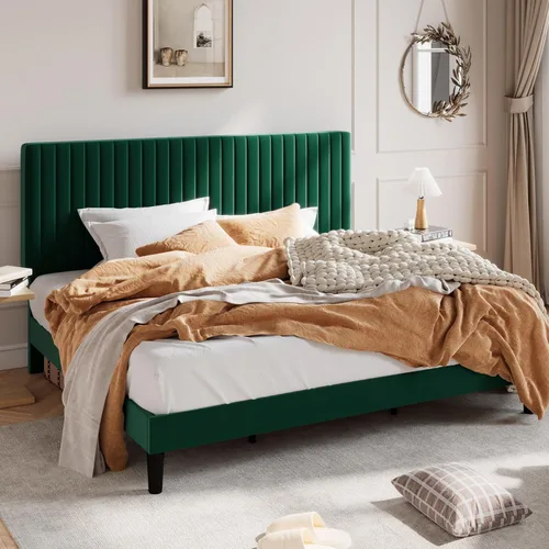 Miniatura 17 de SHA CERLIN - Base de cama tamaño Queen tapizada con plataforma y cabecera acolchada de terciopelo con canales verticales ajustables, soporte