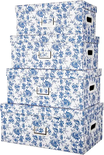 Miniatura 12 de Briful Juego de 2 cajas de almacenamiento de porcelana azul y blanca con tapas, elegantes cubos organizadores de anidación floral, juego de cajas