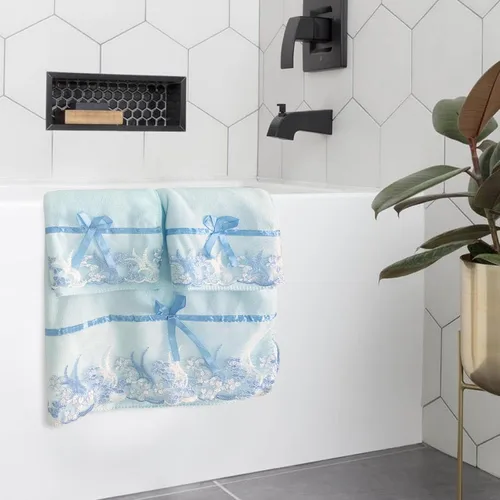 Miniatura 3 de Juego de Toallas de Baño USTIDE de Encaje Azul, Juego de Toallas de Mano de Terciopelo y Suave para Baño y Ducha