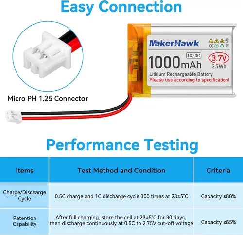 Miniatura 3 de MakerHawk Batería Lipo de 3.7V 1000mAh 803040 Batería recargable de polímero de litio con micro PH1.25 Conector Circuito de protección integrado