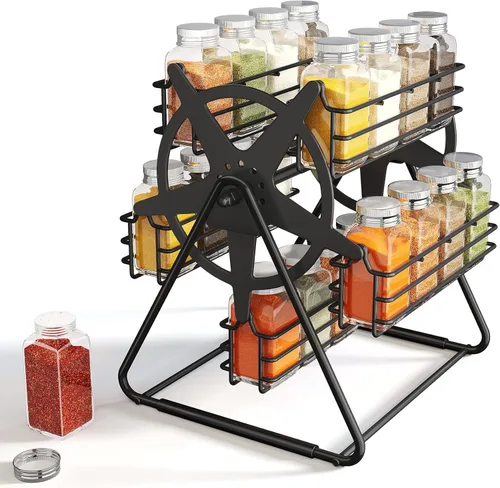 Organizador giratorio de especias para armarios grandes, encimera de cocina con tarros de especias gruesos y etiquetas, girando como noria, metal (M)