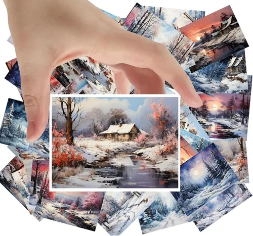 Miniatura 12 de Calcomanías grandes, 24 piezas (2.5 x 3.5 pulgadas cada una) hermosos paisajes de bosques invernales increíbles, acuarela, postales vintage