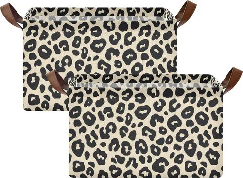 Miniatura 2 de Leopard Pattern Cream Black Storage Baskets Storage Cubes Organizer with Handles Books Towels and Clothes for Shelves Closet Books cajas