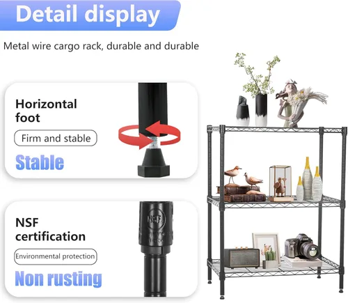 Miniatura 5 de FDW Unidades de Estantería de Alambre Ajustables Rack de Almacenamiento de Metal 23P x 13A x 30Al 3 Niveles Estantes de Despensa NSF Estante de Negro
