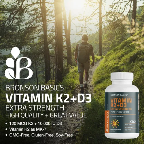 Miniatura 3 de Bronson Vitamina K2 (MK7) con Suplemento D3 Fuerza Extra 2 en 1 Soporte, 10,000 UI Vitamina D3 y 120 mcg K2 MK-7, 120 Tabletas