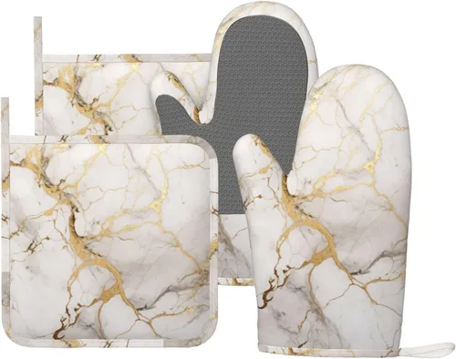 Miniatura 38 de Manoplas de horno y agarradores de ollas de mármol blanco y oro de silicona, accesorios de cocina de 4 piezas, guantes largos resistentes al calor