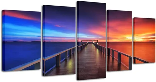 Pyradecor 5 paneles tamaño XL atardecer, puente, impresiones en lona HD, paisajes del mar, arte en lona, paisajes para el hogar, decoración para la