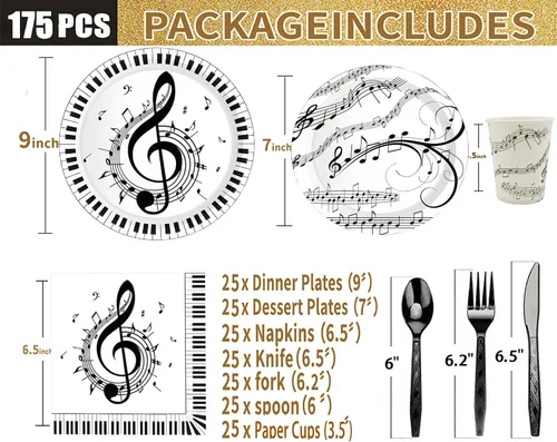 Miniatura 2 de Serve25 - Juego de vajilla de 175 piezas de notas musicales para fiestas, platos de papel, servilletas, tazas, cuchillos, tenedores, cucharas