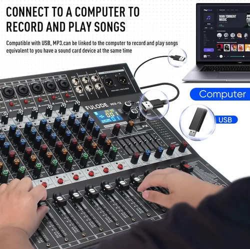 Miniatura 3 de Mezclador de audio de estudio Bluetooth de 12 canales con procesador digital DSP de 99 bits con MP3 USB para entrada de grabación de PC, conector