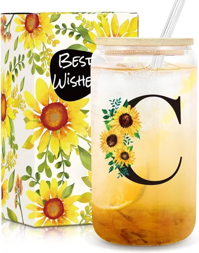 Miniatura 21 de Frerdui Regalos de cumpleaños para mujeres, vasos de vidrio con inicial con tapas y pajitas, regalo de girasol para mujeres, regalo personalizado