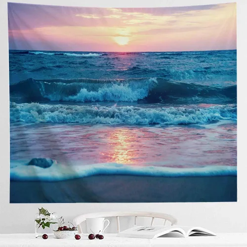 Miniatura 4 de IcosaMro Tapiz oceánico para colgar en la pared, mar, playa, ola, sol, nube, paisaje, naturaleza, arte de pared [dobladillos dobles] decoración