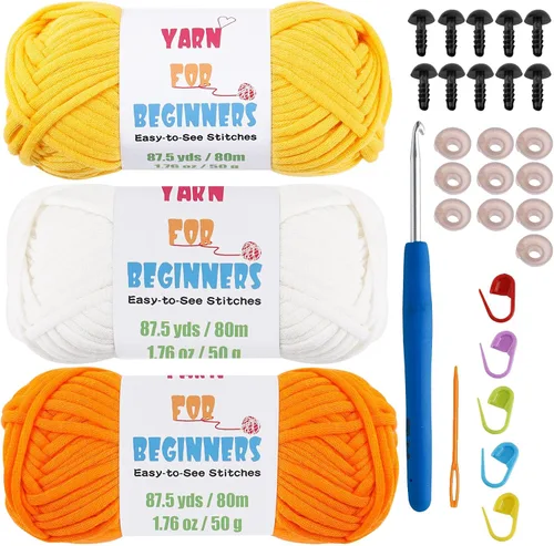 Kit de hilo para tejer y ganchillo para principiantes, hilo grueso de mezcla de algodón y nailon de 3 x 1.76 onzas, costuras fáciles, 262 yardas,