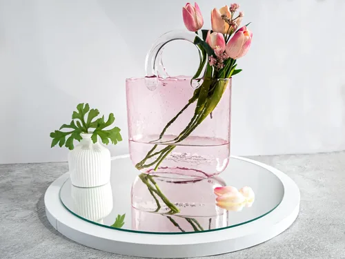 Miniatura 3 de OLEEK Jarrón de Cristal Hecho a Mano en Forma de Bolso para Flores y Bebidas - 10 pulgadas - Lindo Centro de Mesa Rosa y Pecera - Florero Único