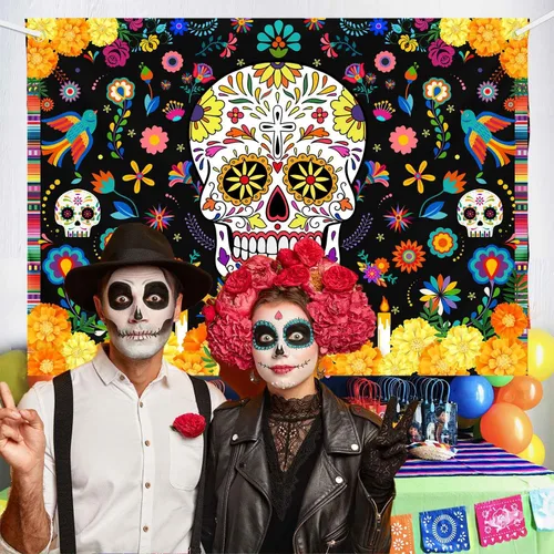 Miniatura 5 de MEHOFOND Telón de fondo del Día de los Muertos de 7 x 5 pies, diseño de calavera de azúcar Dia De Los Muertos, fondo de fotografía, Fieasta