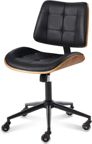 Miniatura 8 de Silla de escritorio de oficina en casa con ruedas, silla de oficina sin brazos de altura ajustable, piel sintética, respaldo medio, silla de Negro