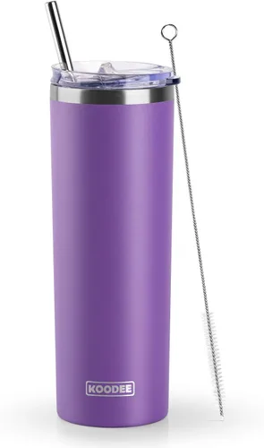 Miniatura 57 de Koodee - Vaso delgado de acero inoxidable de 20 onzas (4 unidades) aislado con doble pared, vaso de agua con 4 tapas, 4 popotes y 2 cepillos