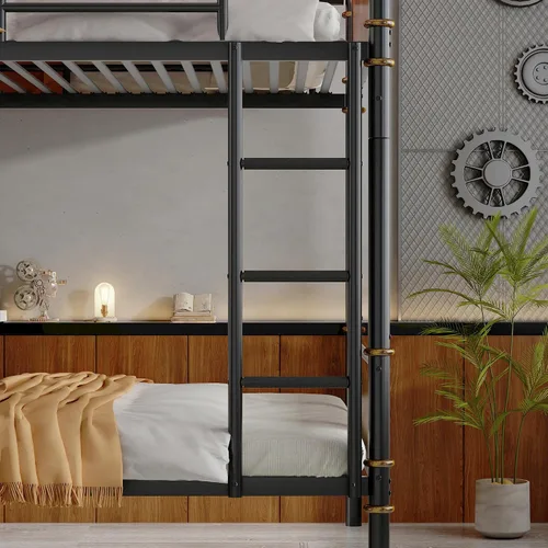 Miniatura 6 de KEIKI Litera desmontable de metal con escaleras, cabecera de MDF y barandilla, literas modernas con listones sólidos, no requiere somier, fácil